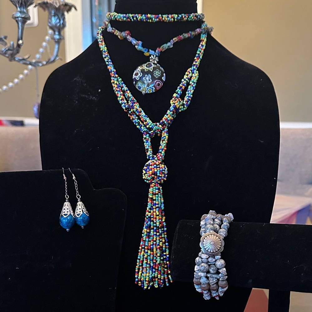 Boho 4-Piece Jewelry Set Tassel & Millefiori Necklaces Bracelet Earrings
